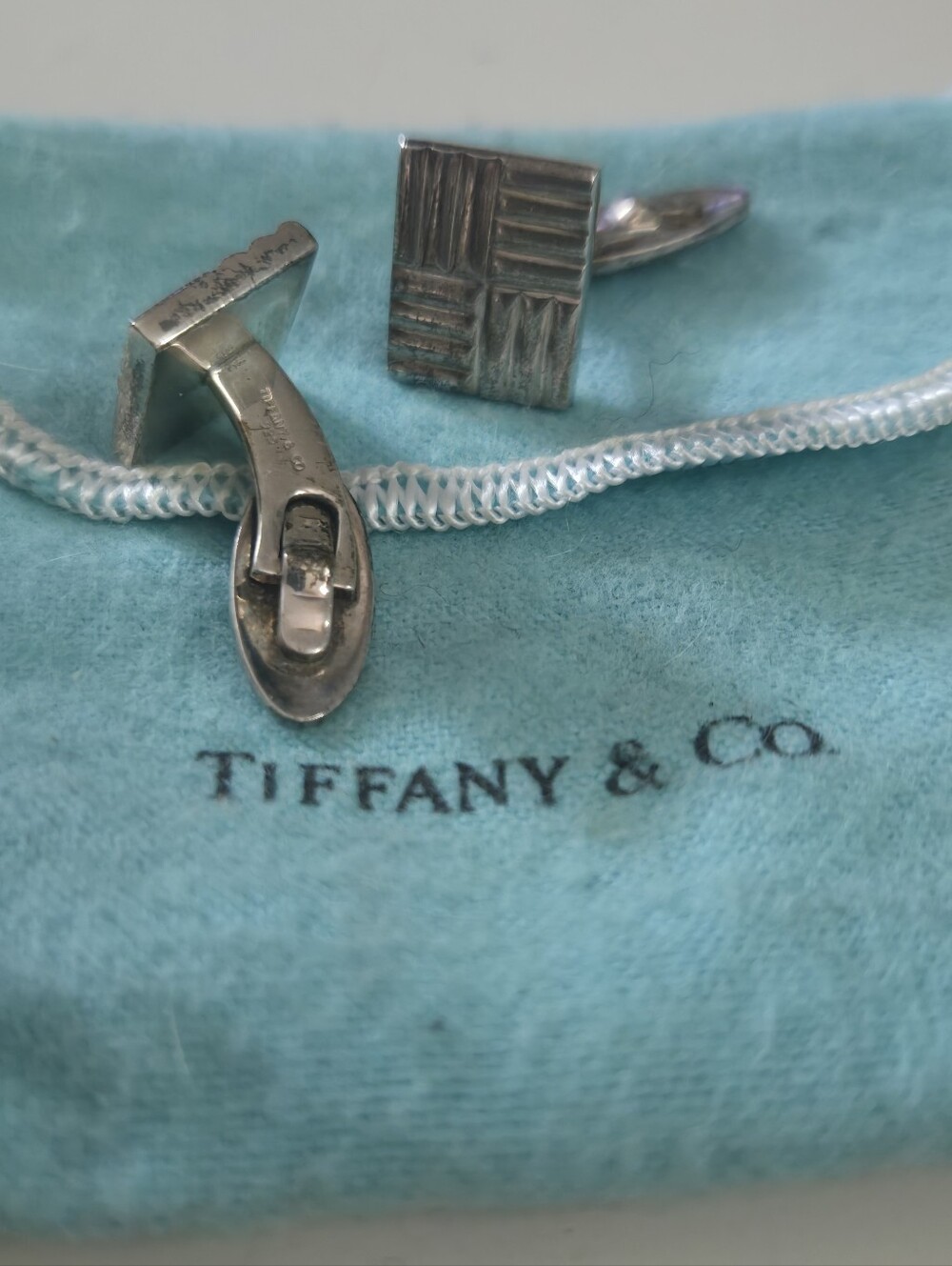 Tiffany & Co. Sterling Silver Textured Square Cufflinks with Blue Pouch